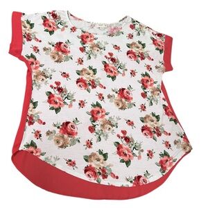Floral Dark Coral and Tan Short Sleeve Flowy Blouse
